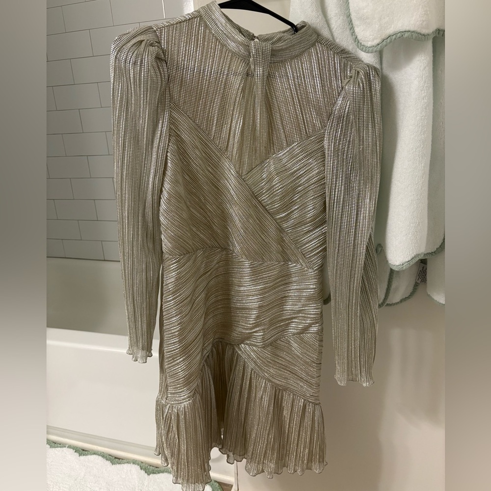 SAYLOR Silver Sheath Cocktail Dress with Bishop Sleeves